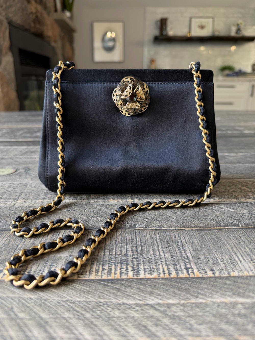 CHANEL Rare Vintage Black Satin Mini Doctors Chain Tote